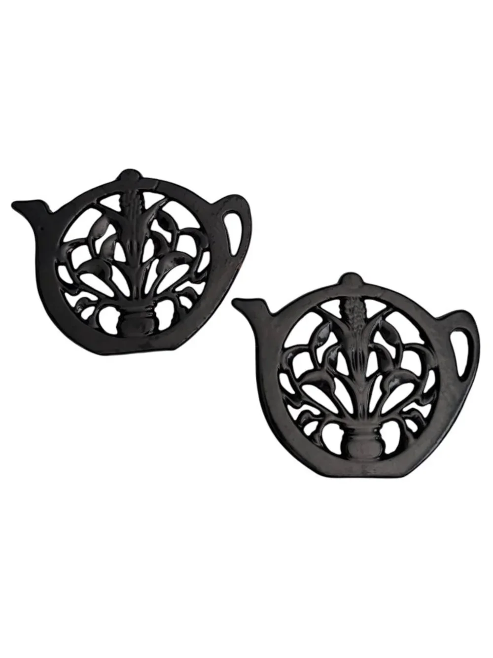 Set Of 2 Cast Iron Teapot-Shaped Trivets With Floral Cutout Design Black Finish
